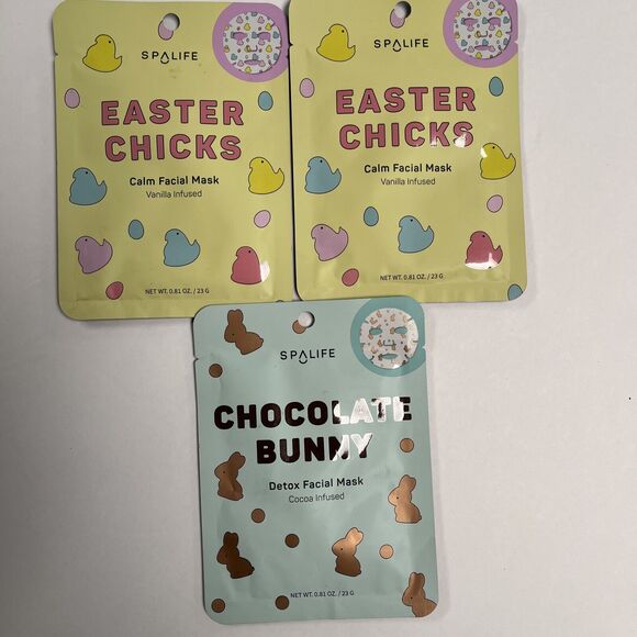 SpaLife Facial Mask Lot Of 3 Calm Detox Antioxidant Cocoa Vanilla Easter Chicks - Picture 2 of 6